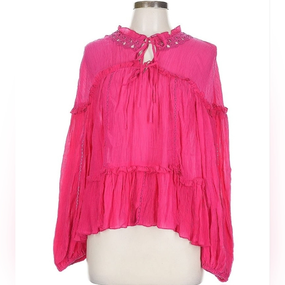 Anthropologie Ranna Gill 100% Rayon Hot Pink Boho Poet Peasant Blouse Nwt Large